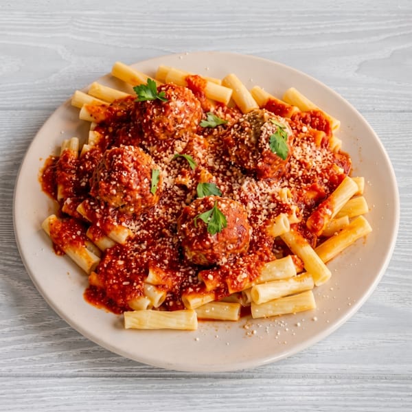 Rigatoni pasta with meatballs, marinara sauce, grated cheese, and parsley on a white plate.