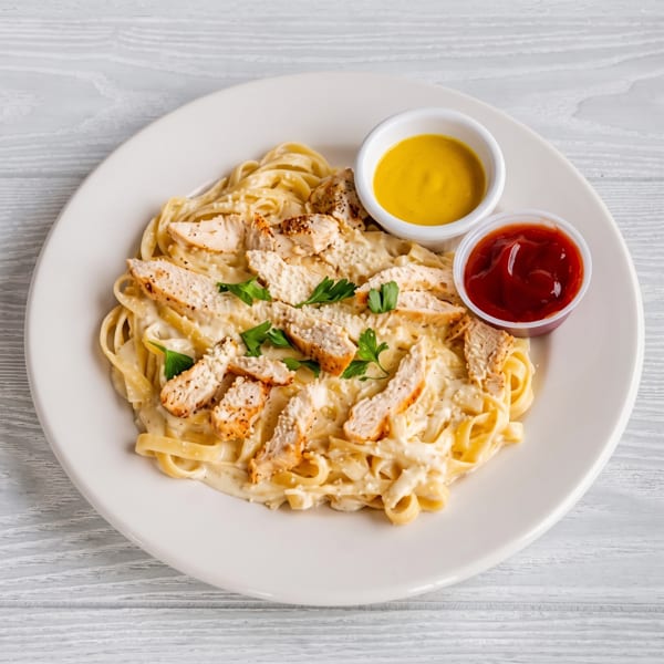 Chicken Alfredo pasta with parsley, parmesan, mustard, and ketchup on a white plate.