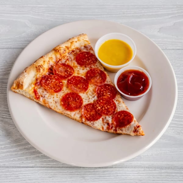 A pepperoni pizza slice with two small cups of dipping sauces on a white plate.
