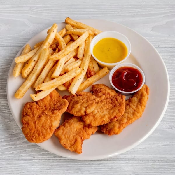 A white plate holds crispy chicken tenders, golden french fries, and small cups of ketchup and honey mustard.