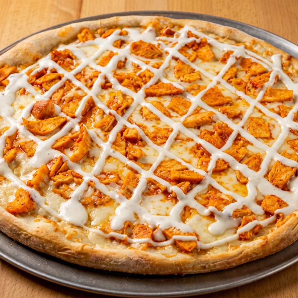 Buffalo chicken pizza with white sauce drizzled in a lattice pattern on a metal tray.