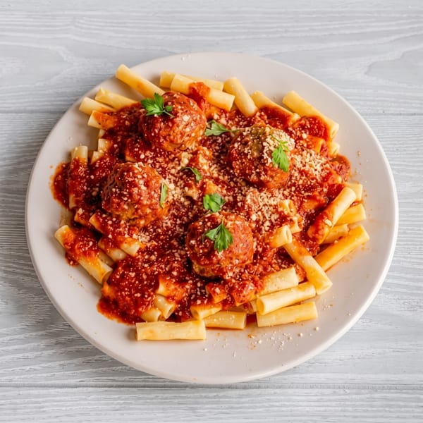 Pasta with meatballs, marinara sauce, and Parmesan cheese on a white plate.