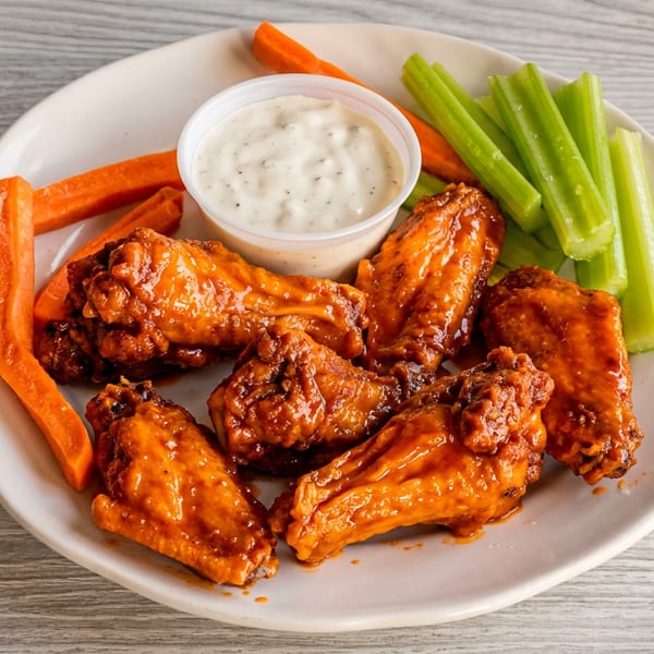 A plate of buffalo wings with ranch dressing, celery sticks, and carrot sticks.