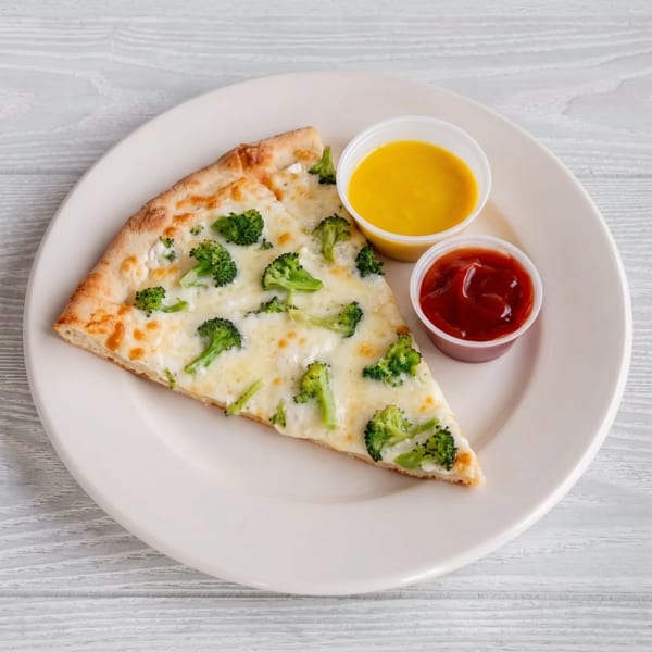 A slice of white pizza with broccoli florets, served with yellow mustard and ketchup.