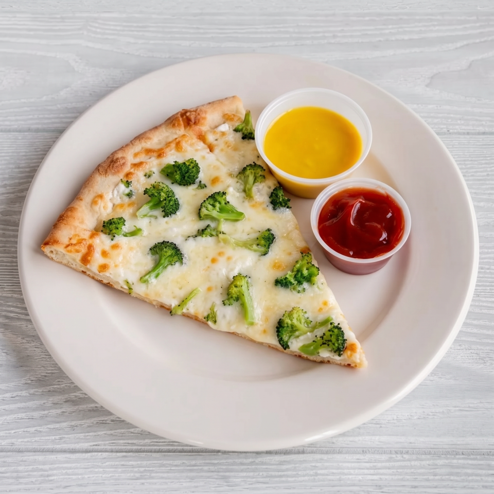 Cheesy flatbread topped with broccoli, served on a white plate with yellow and red dipping sauces.