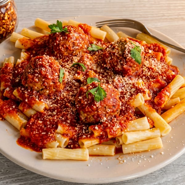 Rigatoni pasta with meatballs, marinara sauce, Parmesan cheese, and parsley, with a jar of red pepper flakes.