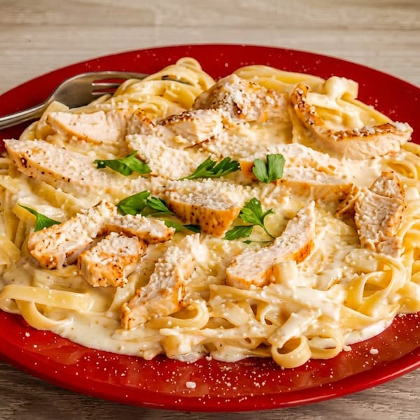 Chicken alfredo pasta with parsley and parmesan cheese on a red plate with a fork.