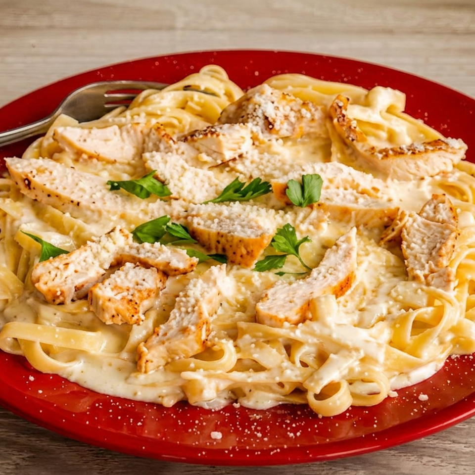 Chicken alfredo pasta with parsley and parmesan cheese on a red plate with a fork.