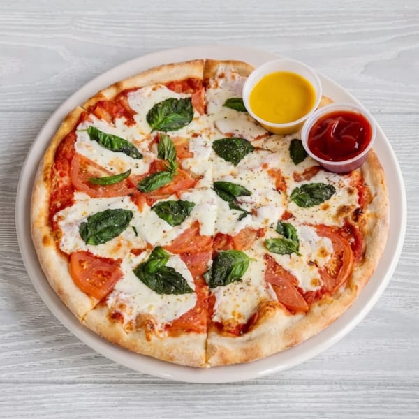 Margherita pizza with fresh basil, sliced tomatoes, and mozzarella, served with two dipping sauces.