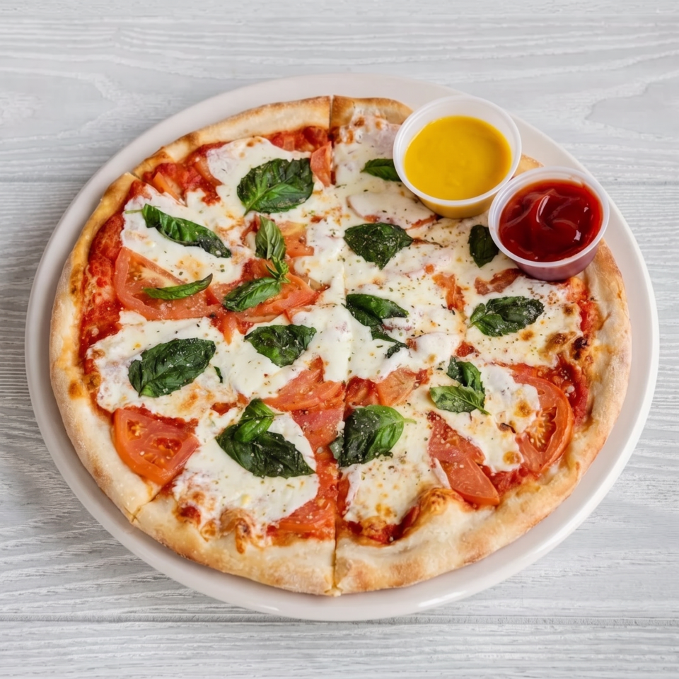 Margherita pizza with fresh basil, sliced tomatoes, and mozzarella, served with two dipping sauces.