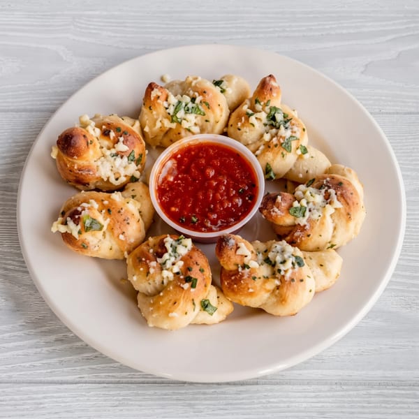 A white plate holds golden-brown garlic knots, sprinkled with herbs and cheese, surrounding a cup of marinara sauce.