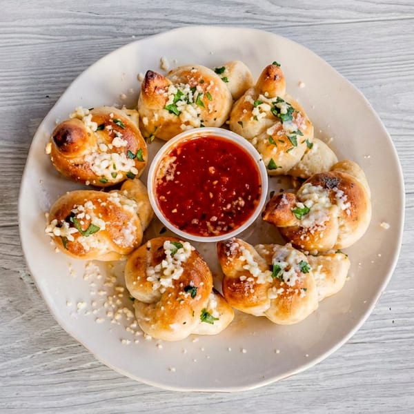 Garlic knots with parmesan cheese and parsley, served with a side of marinara sauce.