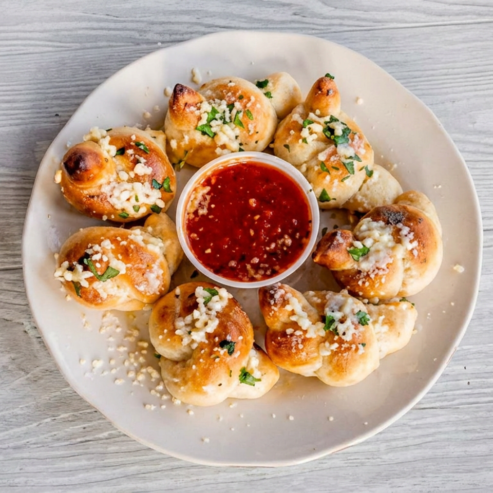 Garlic knots with parmesan cheese and parsley, served with a side of marinara sauce.