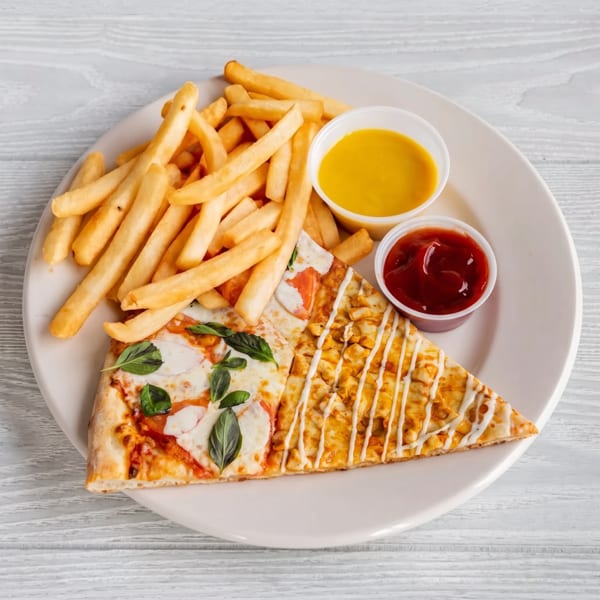 A plate with french fries, two pizza slices, ketchup, and mustard on a white wooden table.
