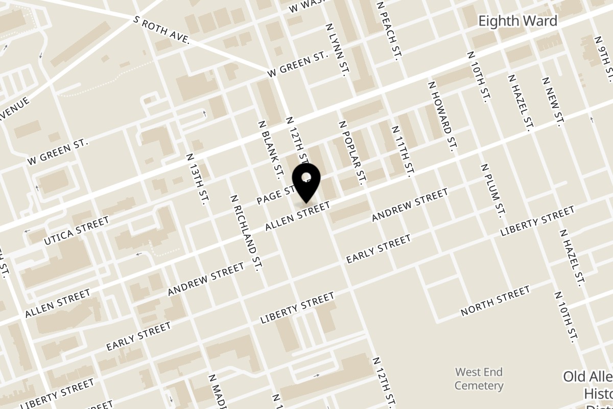 Map showing the location of House of Pizza on 602 N 12th St in Allentown